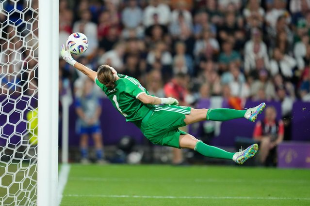Germany’s Ann-Katrin Berger makes a remarkable save in extra time against France during their quarter-final in Basel, Switzerland on July 19, 2025. (Photo by Jose Breton/NurPhoto/Rex Features/Shutterstock)