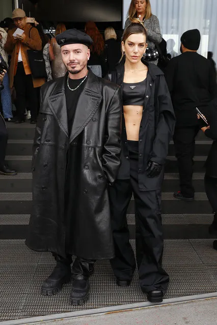 Colombian singer J Balvin and Argentinian model Valentina Ferrer is seen arriving at the Prada fashion show during the Milan Fashion Week Womenswear Fall/Winter 2023/2024 on February 23, 2023 in Milan, Italy. (Photo by John Phillips/Getty Images)