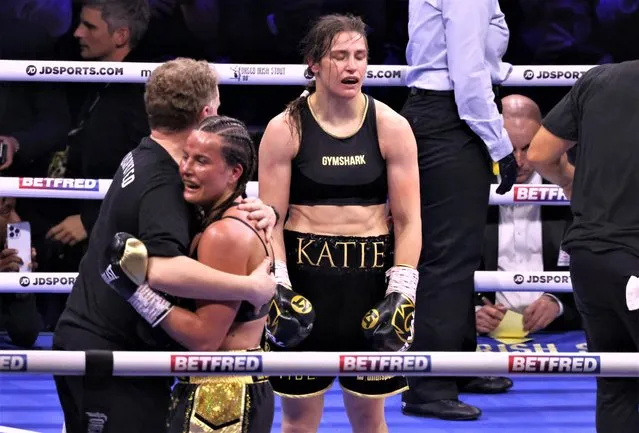 Katie Taylor reacts after her undisputed Super-Lightweight World Title bout against Chantelle Cameron  at the 3Arena in Dublin, Ireland on Saturday, May 20, 2023. (Photo by Damien Eagers/PA Wire)