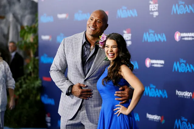 Actors Dwayne Johnson (L) and Auli'i Cravalho (R) pose at the world premiere of Walt Disney Animation Studios' “Moana” as a part of AFI Fest in Hollywood, California, U.S., November 14, 2016. (Photo by Danny Moloshok/Reuters)