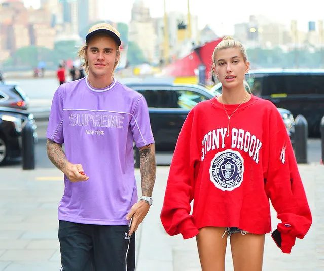 Singer Justin Bieber and Hailey Baldwin were all smiles as they went to watch a movie at South Street Seaport in New York, NY. on July 26, 2018. (Photo by PapCulture/Splash News and Pictures)