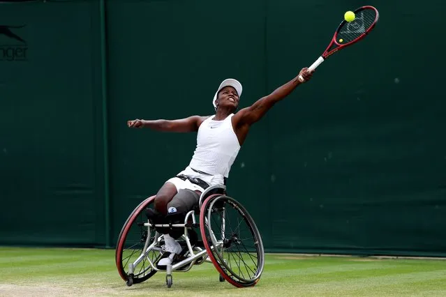 Kgothatso Montjane of South Africa stretches to play a forehand against Diede De Groot of Netherlands in the Women's Wheelchair Singles Quarter Final match during day ten of The Championships Wimbledon 2023 at All England Lawn Tennis and Croquet Club on July 12, 2023 in London, England. (Photo by Patrick Smith/Getty Images)