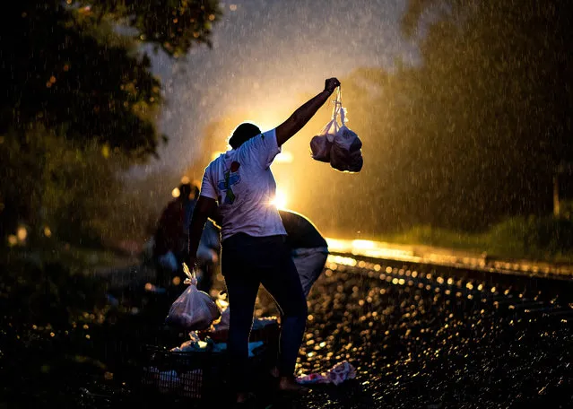 A volunteer of “Las Patronas” NGO, distributes bags of food among migrants, during their travel through Mexico to the US on a train known as “La Bestia” (The Beast), in Las Patronas town, Veracruz state, Mexico on August 9, 2018. From the south border with Guatemala to the north border with the United States, AFP met during 24 hours migrants in pursue of their “American dream” risking their lives though Mexican territory, who share their journey stories. (Photo by Ronaldo Schemidt/AFP Photo)