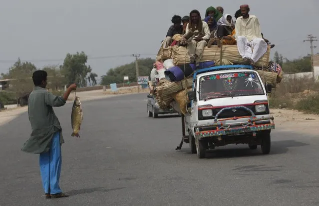 A man (L) holds up a fish for sale to people travelling on a van along a road at Keenjhar Lake, near Thatta, February 22, 2015. (Photo by Akhtar Soomro/Reuters)