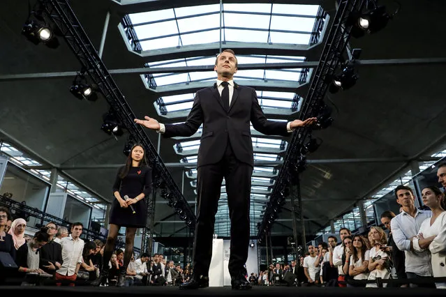 French President Emmanuel Macron delivers a speech as he visits Station F startup campus in Paris, France October 9, 2018. (Photo by Ludovic Marin/Pool via Reuters)