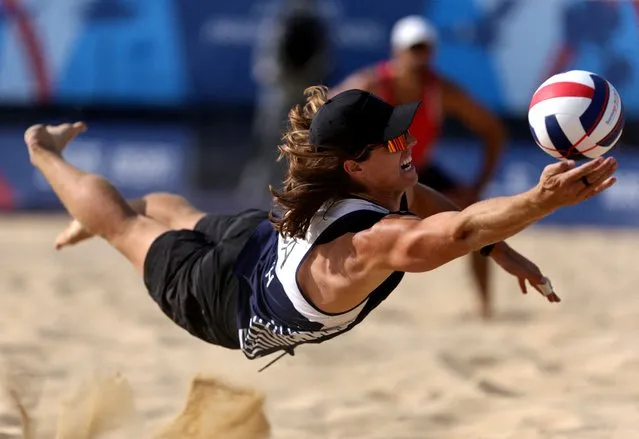 Hagen Smith of the US in action during the men's teams bronze medal beach volleyball match at the Pan American Games in Santiago, Chile on October 27, 2023. (Photo by Pilar Olivares/Reuters)