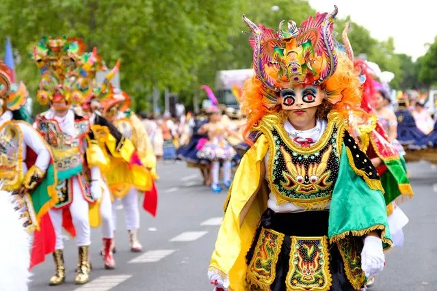 The Bolivian community in Spain celebrates a parade in honor of the Virgin of Urkupiña in the streets of central Madrid on August 13, 2022 Spain. (Photo by Oscar Gonzalez/NurPhoto via Getty Images)