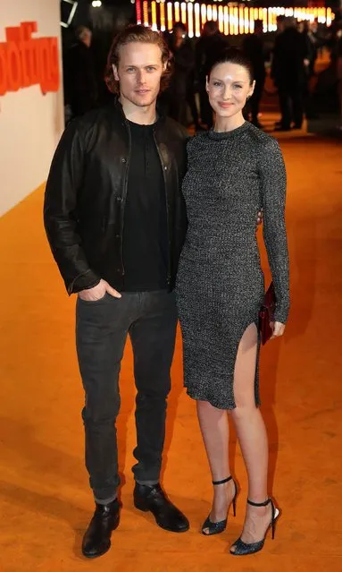 Actors Sam Heughan and Caitriona Balfe attend the “T2 Trainspotting” world premiere on January 22, 2017 in Edinburgh, United Kingdom. (Photo by PA Wire)