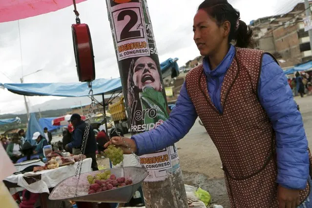 A woman sells grapes next to a sign of Peru's presidential candidate Veronica Mendoza of 'Frente Amplio' party, in the district of San Jeronimo, ahead of Sunday's presidential election, in Cuzco, Peru April 9, 2016. (Photo by Janine Costa/Reuters)