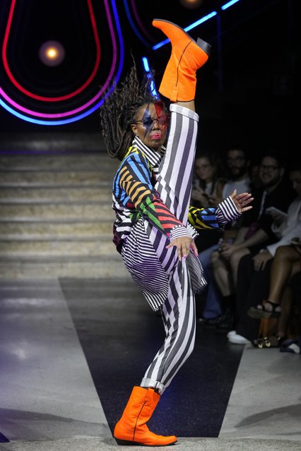 A model wears a creation from Amapo collection during the Sao Paulo Fashion Week in Sao Paulo, Brazil, Sunday, April 14, 2024. (Photo by Andre Penner/AP Photo)