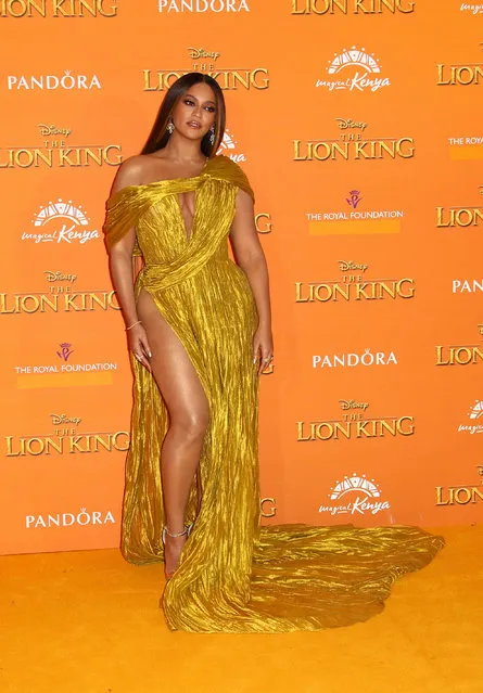 Singer Beyonce poses for photographers upon arrival at the “Lion King” European premiere in central London, Sunday, July 14, 2019. (Photo by Joel C. Ryan/Invision/AP Photo)