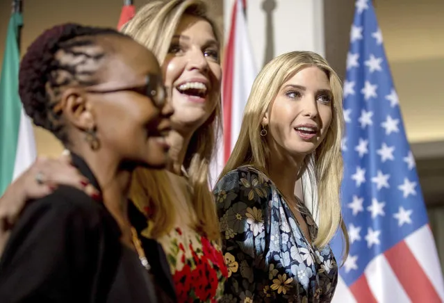 Ivanka Trump, daughter and consultant of the US-President, right, Queen Maxima of the Netherlands, centre, and Juliana Rotich, founder of BRCK, a hardware and technology service company from Nairobi, at the Woman 20 Dialogue summit for the empowerment of women in Berlin, Germany, Tuesday April 25, 2017. The aim of the event organised as part of the G20 presidency in Germany is to put women into a better economical position, give them more opportunities in the labour market and allow a bigger involvement in entrepreneurship. (Photo by Michael Kappeler/DPA via AP Photo)