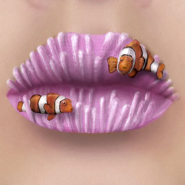 Tutushka's lipstick art work on her lips showing coral and clown fish. (Photo by Tutushka Matviienko/Caters News Agency)