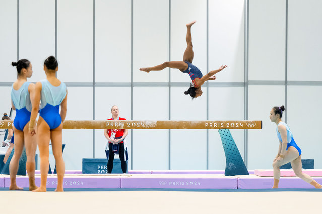 Simone Biles of Team United States practices on the balance beam during a gymnastics training session ahead of the Paris Olympic Games at Gymnastic Training Centre of Le Bourget on July 23, 2024 in Le Bourget, France. (Photo by David Ramos/Getty Images)