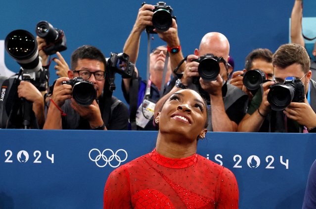 Simone Biles of Team United States during the Artistic Gymnastics Women's Vault Final on day eight of the Olympic Games Paris 2024 at the Bercy Arena on August 3, 2024 in Paris, France. (Photo by Hannah Mckay/Reuters)