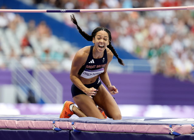 Katarina Johnson-Thompson of Great Britain celebrates after clearing the bar in the High Jump of the Heptathlon event of the Athletics competitions in the Paris 2024 Olympic Games, at the Stade de France stadium in Saint Denis, France, 08 August 2024. (Photo by Ronald Wittek/EPA)