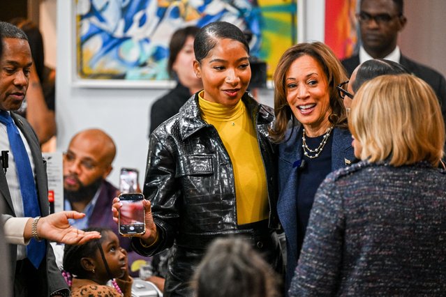 Democratic presidential nominee, U.S. Vice President Kamala Harris meets with supporters at the Kuzzo's Chicken & Waffles restaurant on November 03, 2024 in Detroit, Michigan. With 2 days remaining before Election Day, Harris continues rallying with supporters in the battleground swing state of Michigan while campaigning against Republican presidential nominee, former U.S. President Donald Trump. (Photo by Brandon Bell/Getty Images)