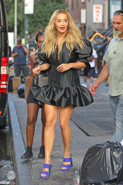 Rita Ora spotted wearing a black ruffle mini-dress while out and about in New York City, NY on July 25, 2016. (Photo by Felipe Ramales/Splash News)