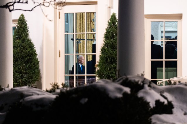 US President Joe Biden delivers a Farewell Address to the Nation inside of the Oval Office of the White House in Washington, DC on Wednesday, January 15, 2025. (Photo by Demetrius Freeman/The Washington Post)