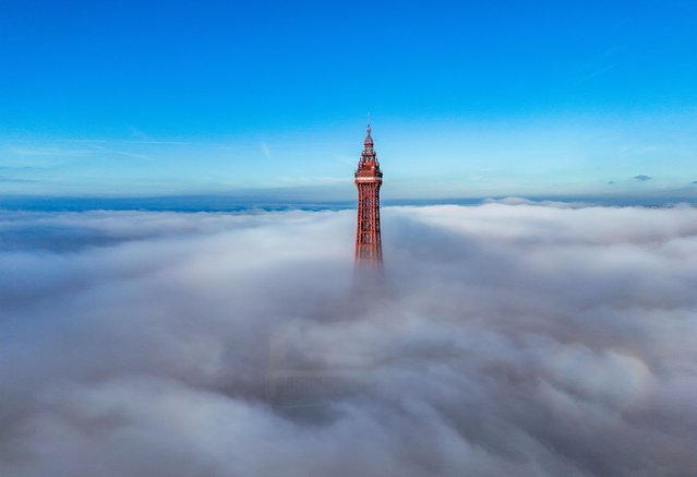 An aerial view of Blackpool Tower in UK surrounded by fog onThursday, November 14, 2024. (Photo by Peter Byrne/PA Images via Getty Images)
