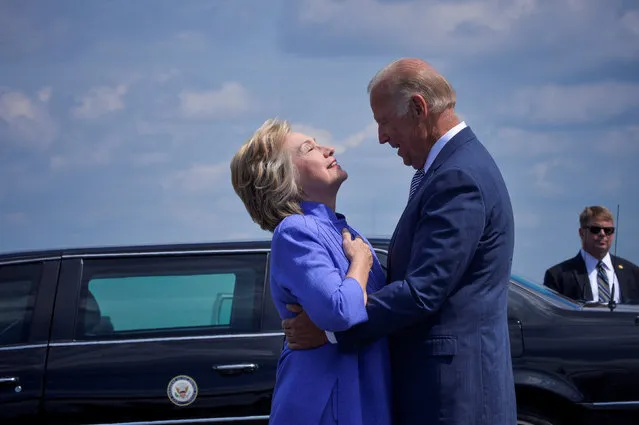 Democratic presidential nominee Hillary Clinton welcomes Vice President Joe Biden as he disembarks from Air Force Two for a joint campaign event in Scranton, Pennsylvania, August 15, 2016. (Photo by Charles Mostoller/Reuters)