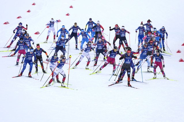 Athletes compete in the women's Nordic Combined Individual Mass Start Normal Hill HS102/5Km event, at the Nordic World Ski Championships in Trondheim, Norway, Thursday, February 27, 2025. (Photo by Matthias Schrader/AP Photo)