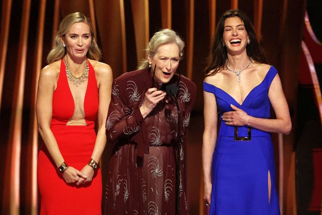Actresses Emily Blunt, Anne Hathaway and Meryl Streep speak on stage during the 30th Screen Actors Guild Awards, in Los Angeles on February 25, 2024. (Photo by Mario Anzuoni/Reuters)