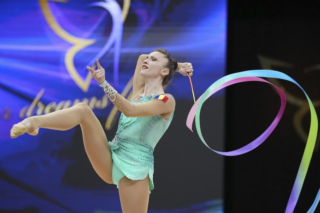 Andreea Verdes, of Romania, performs during the individual all-around final of the European Championships in Rhythmic Gymnastics at the Unibet Arena, Tallinn, Estonia, Saturday, June 7, 2025. (Photo by Sergei Grits/AP Photo)