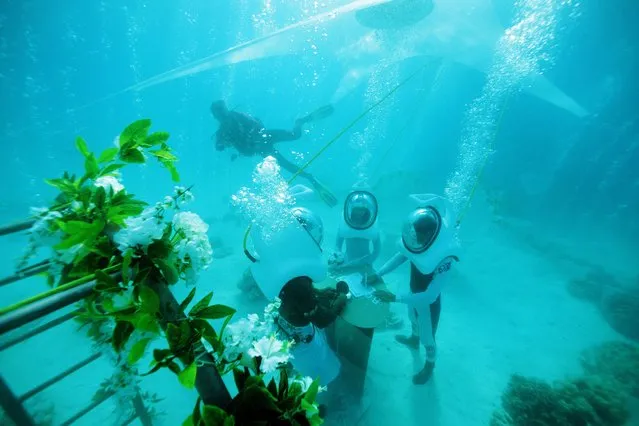 In a picture taken with an underwater camera, a couple stands in front of a Polynesian priest during their underwater wedding ceremony on October 25, 2014 in Bora-Bora, in French Polynesia. The ceremony lasts twenty minutes and costs around 2700 euros