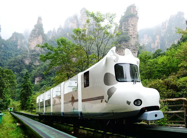 A new electric sightseeing vehicle is seen at Wulingyuan Scenic Area on September 21, 2020 in Zhangjiajie, Hunan Province of China. New sightseeing vehicles with video surveillance system and cameras will put into service on Chinese National Day holiday. (Photo by Deng Daoli/VCG via Getty Images)