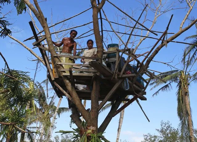 A couple stay on a tree house, that serves as their makeshift shelter, in San Julian, eastern Samar, in central Philippines December 9, 2014. (Photo by Erik De Castro/Reuters)