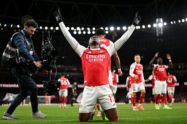 Eberechi Eze of Arsenal celebrates scoring his team's third goal during the Premier League match between Arsenal and Tottenham Hotspur at Emirates Stadium on November 23, 2025 in London, England. (Photo by David Price/Arsenal FC via Getty Images)
