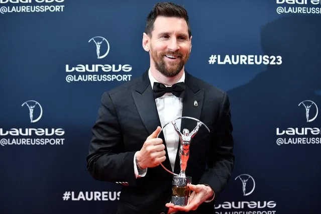 Argentinian football player Lionel Messi poses with his Laureus World Sportsman of the Year award during the 2023 Laureus World Sports Awards ceremony in Paris on May 8, 2023. (Photo by Julien de Rosa/AFP Photo)
