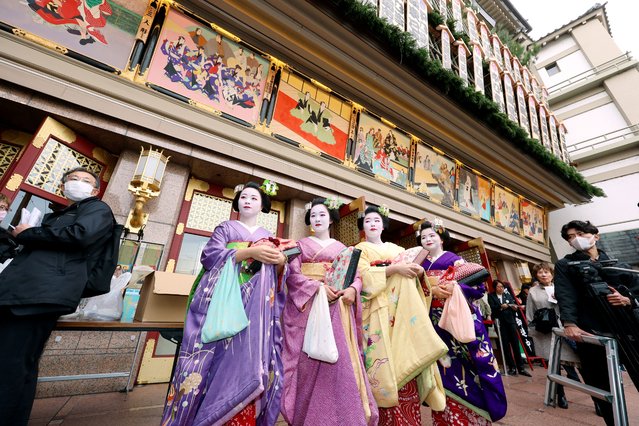 Maiko from the Gion Kobu district visit the annual Kaomise performance on December 2, 2025 in Higashiyama Ward, Kyoto, Japan. (Photo by The Asahi Shimbun via Getty Images)