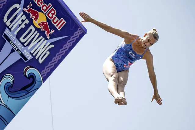 In this handout image provided by Red Bull, Rhiannan Iffland of Australia dives from the 21 metre platform on the Institute of Contemporary Art during the first training session of the first stop of the Red Bull Cliff Diving World Series on June 01, 2023 at Boston, USA. (Photo by Dean Treml/Red Bull via Getty Images)