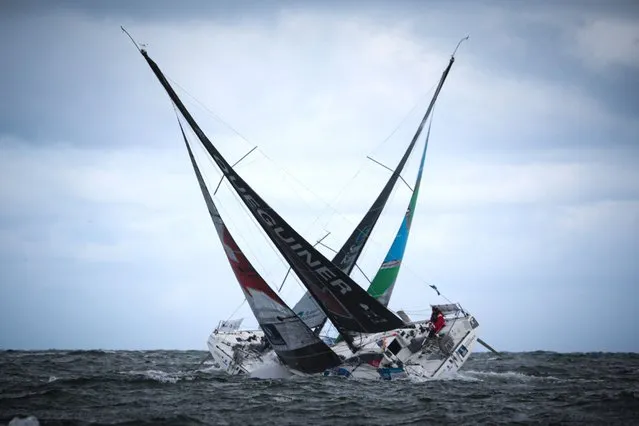 French skipper Elodie Bonafous, Queguini group, (R) and Irish Skipper Tom Dolan, Smurfit Kappa Kingspan, race at the start of the 2023 solo multi-stage sailing race “Solitaire du Figaro” in Ouistreham Riva-Bella, near Caen, northern France on August 27, 2023. Elodie Bonafous, Queguini group, (R) and Tom Dolan, Smurfit Kappa Kingspan, sail at the start of the 2023 solo multi-stage sailing race “Solitaire du Figaro” in Ouistreham Riva-Bella near Caen, northern France on August 27, 2023. (Photo by Lou Benoist/AFP Photo)