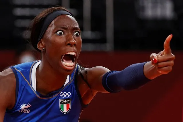 Paola Ogechi Egonu #18 of Team Italy celebrates after a point against Team ROC during the Women's Preliminary - Pool B on day two of the Tokyo 2020 Olympic Games at Ariake Arena on July 25, 2021 in Tokyo, Japan. (Photo by Valentyn Ogirenko/Reuters)