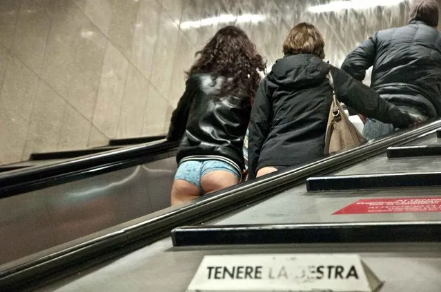 Passengers take part in the No Pants Underground Ride in Milan, Italy on January 8, 2017. (Photo by PA Images/Sipa USA)
