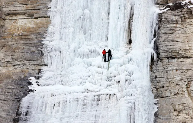 Athletes compete in the ice climbing on icicles routes with the height of 22, 110, 120 and 130 metres during the 5th International Emrah Ozbey Ice Climbing Festival in Erzurum, Turkey on January 31, 2019. Total of 128 athletes from 10 different countries compete in the 4 different icicle routes. (Photo by Yunus Okur/Anadolu Agency/Getty Images)