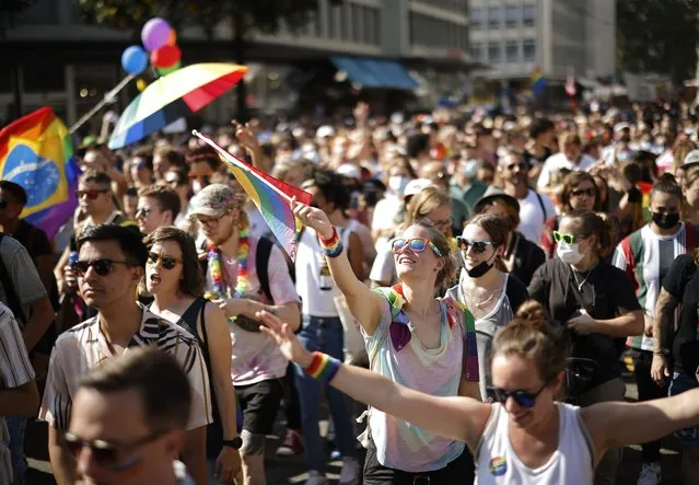 People gather for the Zurich Pride parade in Zurich, Switzerland, Saturday, September 4, 2021. On Sept. 26, 2021 Swiss citizens will vote on the proposal of “Marriage for everyone” (Ehe fuer alle), allowing marriage for same-s*x couples. (Photo by Michael Buholzer/Keystone via AP Photo)