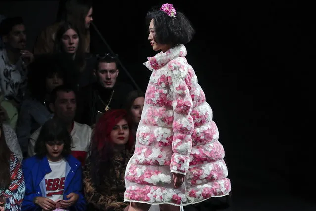 A model displays a creation by Portuguese designer David Ferreira on the second day of the Lisbon Fashion Week, at the Carlos Lopes Pavillion in Lisbon, Portugal, 09 March 2019. (Photo by Miguel A. Lopes/EPA/EFE)