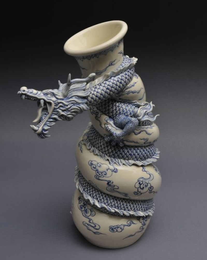 Beautiful Chinese Dragon Vase by Sculptor Johnson Tsang