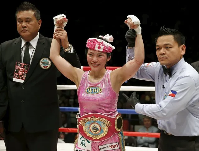 Japan's Kumiko Seeser Ikehara reacts after defeating her compatriot Kayoko Ebata in their WBO women's minimumweight boxing title bout in Tokyo May 6, 2015. (Photo by Toru Hanai/Reuters)