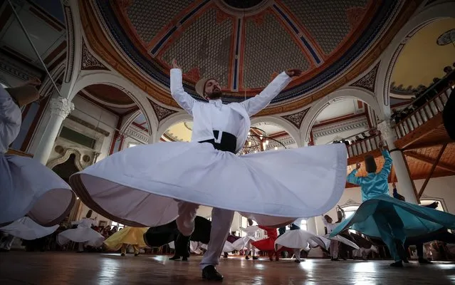 Dervishes perform at Gelibolu Lodge of Mevlevi Dervishes with the collaboration of Canakkale Onsekiz Mart University in Canakkale, Turkey on April 21, 2019. (Photo by Sergen Sezgin/Anadolu Agency/Getty Images)
