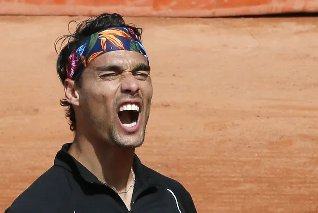 Fabio Fognini of Italy reacts during the men's singles match against Japan's Tatsuma Ito at the French Open tennis tournament at the Roland Garros stadium in Paris, France, May 25, 2015. (Photo by Gonzalo Fuentes/Reuters)