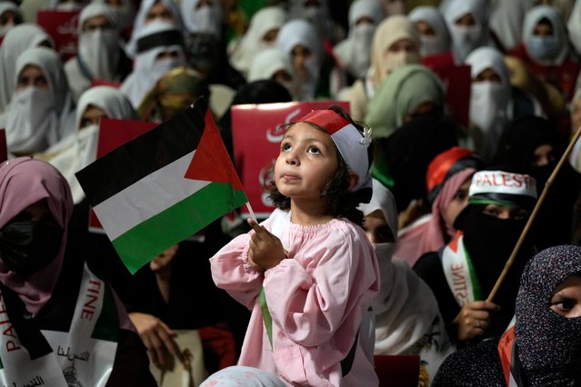 Supporters of the religious party Jamaat-e-Islami take part in a rally against Israeli airstrikes on Gaza and to show solidarity with the Palestinians, in Lahore, Pakistan, Saturday, April 20, 2024. (Photo by K.M. Chaudary/AP Photo)