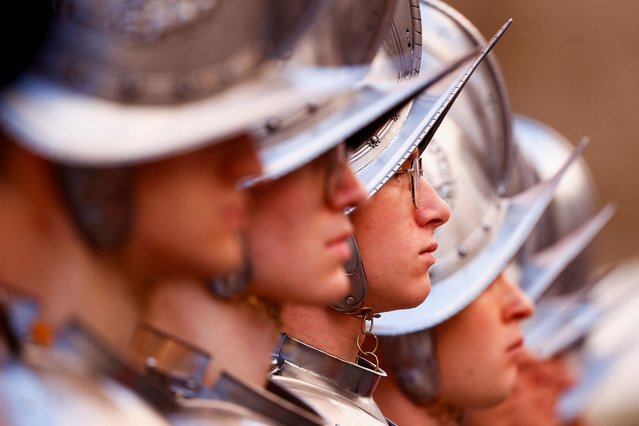 Swiss Guards attend a training session ahead of their swearing-in ceremony, at the Vatican, on April 30, 2024. (Photo by Guglielmo Mangiapane/Reuters)