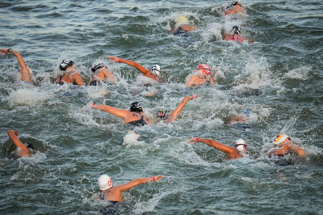 Athletes compete during the marathon swimming women's 10km competition at the 2024 Summer Olympics, Thursday, August 8, 2024, in Paris, France. (Photo by Dar Yasin/AP Photo)