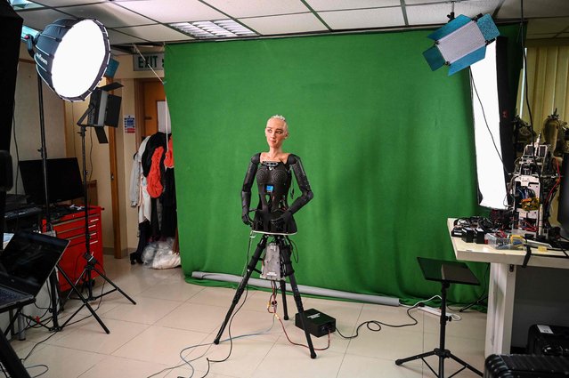 This photo taken on May 10, 2023 shows the latest version of a robot called Sophia being tested at Hanson Robotics, a robotics and artificial intelligence company which creates human-like robots, in Hong Kong. (Photo by Peter Parks/AFP Photo)