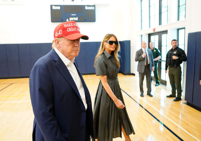 Former President Donald Trump, the Republican presidential nominee, and his wife Melina depart after voting at the Morton and Barbara Mandel Recreation Center in Palm Beach, Florida, on Tuesday, November 5, 2024. (Photo by Jabin Botsford/The Washington Post)